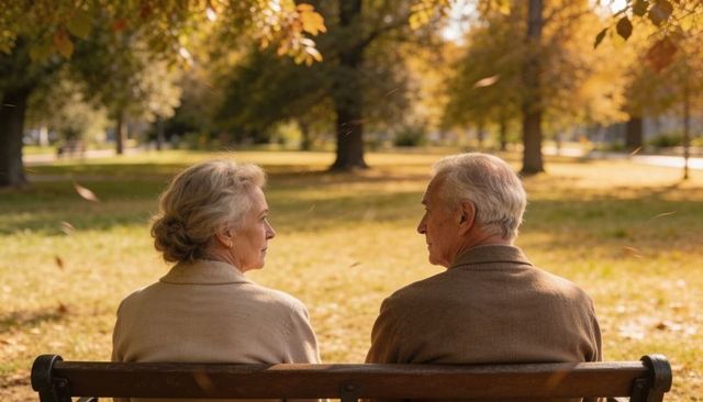 Senior couple sitting on park bench in autumn sunlight sharing quiet conversation