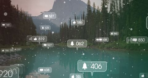 Social Media Notifications Over Serene Mountain Lake