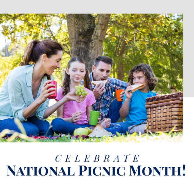 Celebrate national picnic month text with happy caucasian family enjoying food at park. digital composite, picnic, lifestyle, leisure activity, celebration and weekend activity concept.