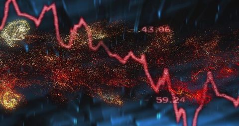 Neon particle data visualization showing jagged red market trend with glowing numbers