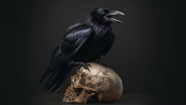 Raven perching on cracked human skull gothic still life dark moody studio portrait rim-lit feathers