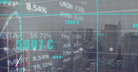financial graphs and data processing overlay on urban skyline - Download Free Stock Images Pikwizard.com