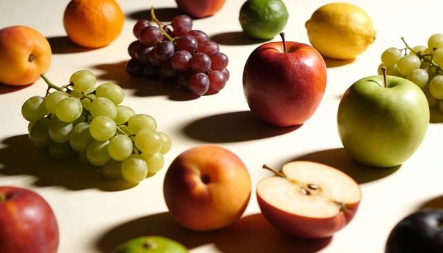 Displaying vibrant mixed fruit on pale cream tabletop with warm studio shadows