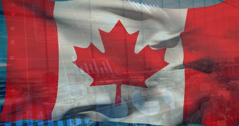 Canadian Flag Blending with Financial Data Graphs and Urban Background