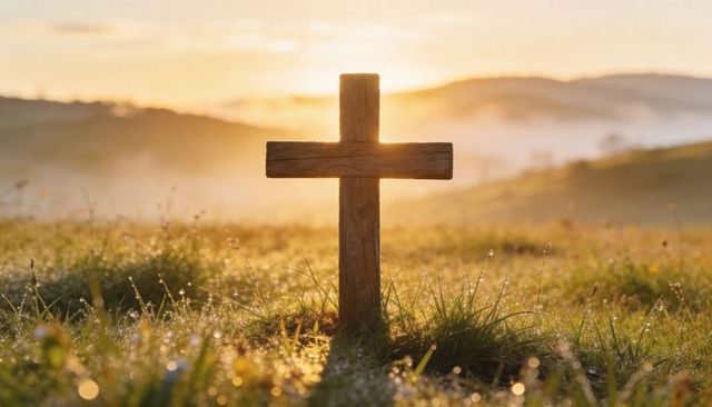 Weathered wooden cross standing in dewy sunrise meadow with misty hills golden light