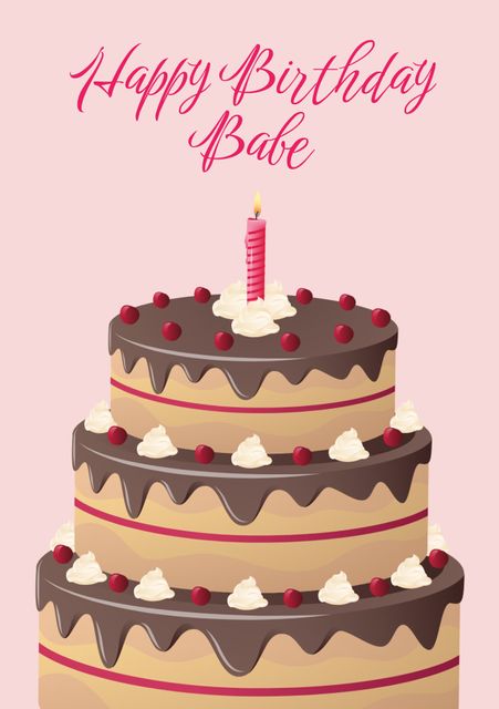 Bright and festive card featuring a towering chocolate-covered cake with whipped cream and cherries, topped with a single birthday candle. Ideal for birthday wishes, party invitations, and festive decorations.