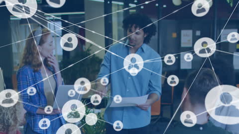 Depicts businessman sharing report with colleagues alongside visual representation of social media connections. Suitable for illustrating digital networking, corporate presentations, teamwork concepts in a modern office setting. Useful in articles about connectivity in the workplace, the impact of social technology, or promoting digital teamwork platforms.