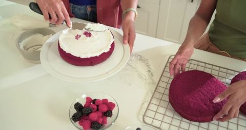 Indian and african american women frosting magenta layer cake, collaborating on berry-topped dessert