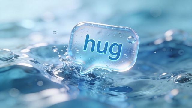 Floating glass speech bubble labeled hug splashing on azure water with droplets and bokeh