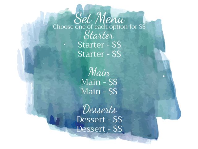 Watercolor menu template perfect for restaurants and cafes looking to enhance their visual appeal. Features sections for starter, main, and dessert options. Ideal for promoting set menus, special offers, or themed dining events. The watercolor background adds a creative and modern touch to your food promotions.