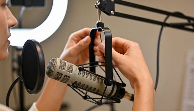 Radio host adjusting broadcast microphone mount for pro podcast recording and voiceover