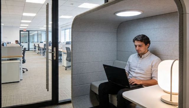 Working professional typing on laptop inside acoustic pod in modern open-plan office