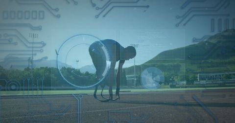 Adaptive athlete at start line with digital interface overlay