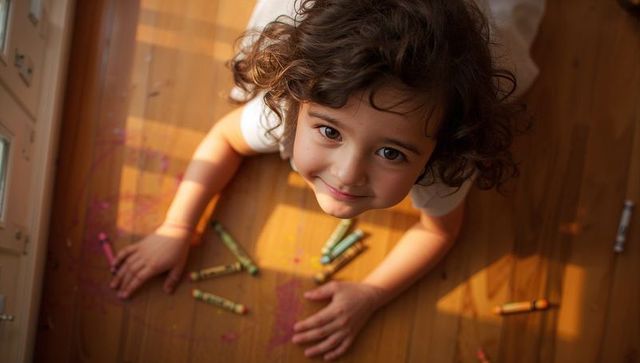 Curly child drawing on wooden floor with crayons in warm sunlight by glass door