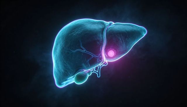 Translucent 3d liver model highlighting magenta lesion near porta hepatis with gallbladder