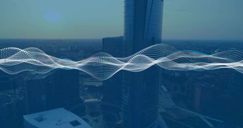 Reflective cylindrical skyscraper rising over downtown plaza with futuristic data wave