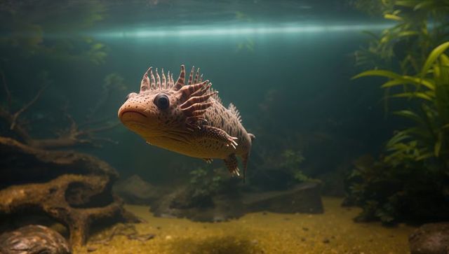 Axolotl swimming with feathery gills in planted freshwater aquarium, tranquil close-up