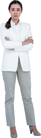 Transparent Confident Businesswoman in White Suit with Crossed Arms