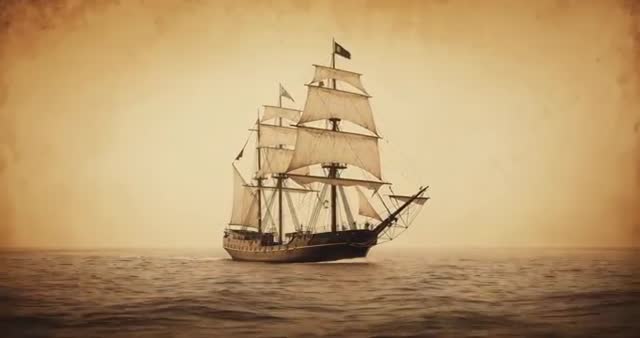 Majestic Three-Masted Ship Gliding Through Calm Sepia Seas