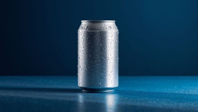 Silver aluminum can with condensation on blue background
