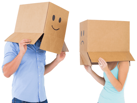 Transparent happy and sad emotion box couple playful portrait
