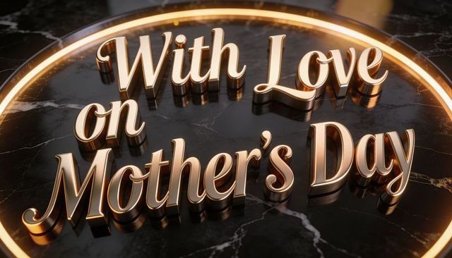 Gold script 'with love on mother's day' shining on black marble plaque with halo rimlight