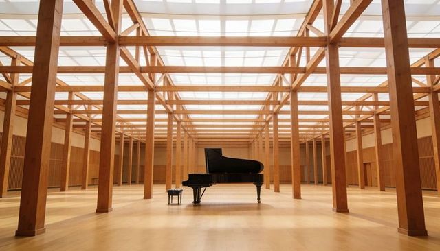 Black grand piano centered in minimalist timber hall with skylights and wooden columns