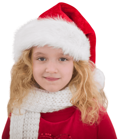 Smiling child wearing santa hat on transparent background