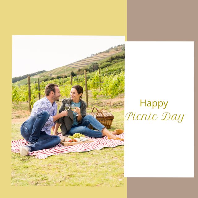 Happy Couple Celebrating Picnic Day in Vineyard - Download Free Stock Templates Pikwizard.com