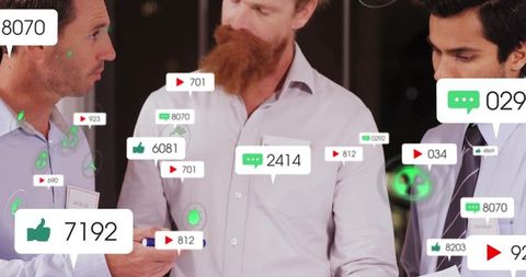 Business leaders reviewing live social media metrics with data overlays during networking event