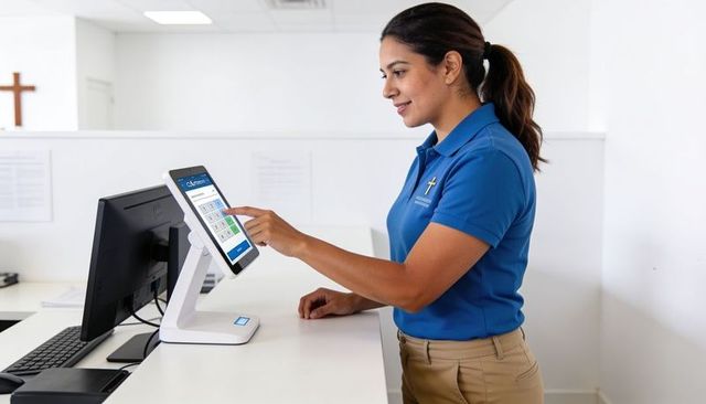 Clinic receptionist tapping self check-in kiosk at modern medical front desk