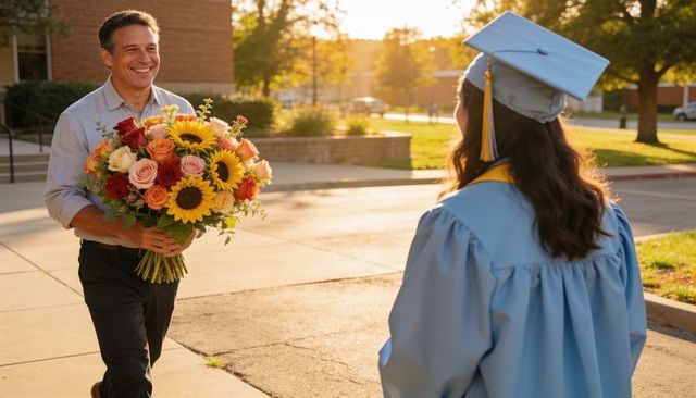 Smiling dad delivering sunflower and rose bouquet to graduate in blue gown at golden campus sunset