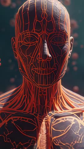 Vertical video zooming on 3D mannequin revealing glowing vascular network and neon filaments