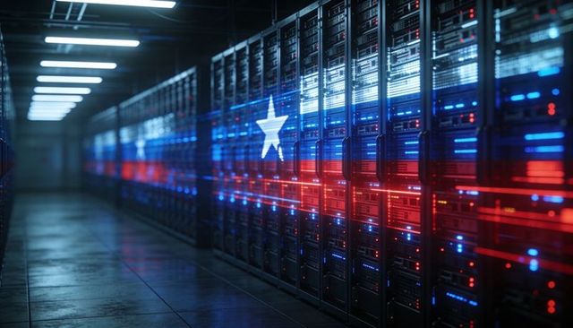 American flag lighting running along server racks in futuristic neon data center corridor