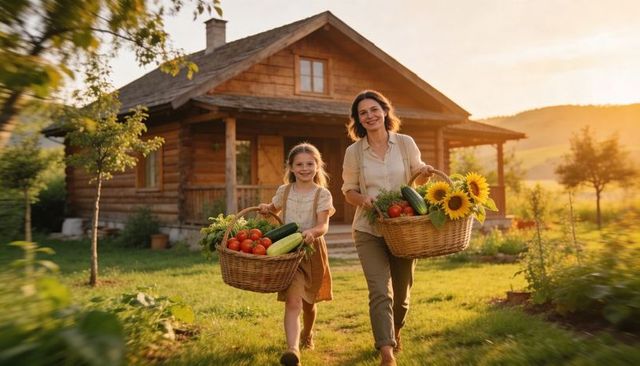Mother daughter carrying fresh harvest baskets by rustic log cottage at golden hour