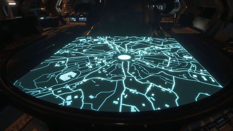 Futuristic holographic map in spacecraft control room
