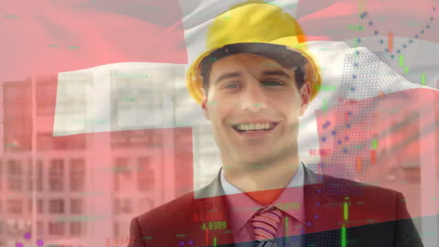Swiss Flag and Architect with Overlaid Financial Analytics