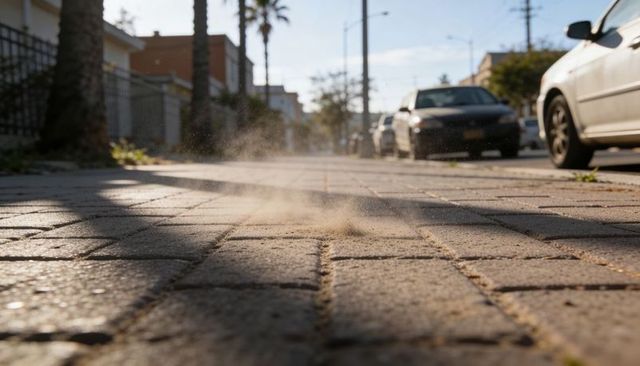 Sunlight casting long shadows on brick sidewalk with drifting dust plume and parked cars