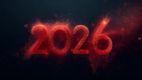 2026 forming from red particle cloud with glowing trails and digital bokeh