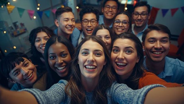 Diverse Friends Capturing Joyful Moment with Selfie at Living Room Gathering