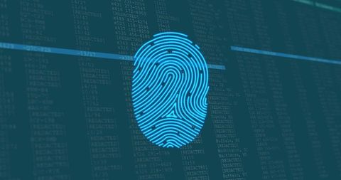 Scanning neon fingerprint biometrics protecting digital data on cybersecurity dashboard