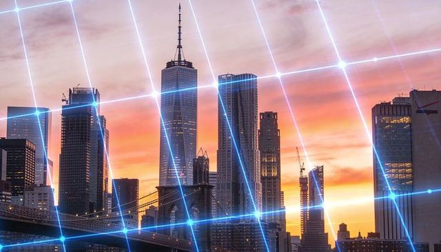 Sunset lower manhattan skyline featuring brooklyn bridge and futuristic blue grid overlay