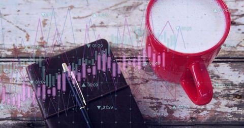 Morning market analysis with latte: red mug planner and trading charts on rustic wood table