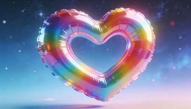 Iridescent rainbow heart balloon levitating above reflective pastel bokeh background