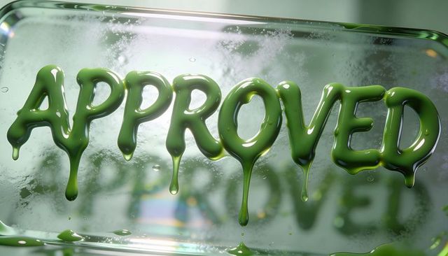 Glossy green dripping approved lettering on clear acrylic panel featuring metallic frame