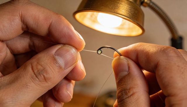 Threading fishing hook with monofilament line closeup hands by workbench lamp
