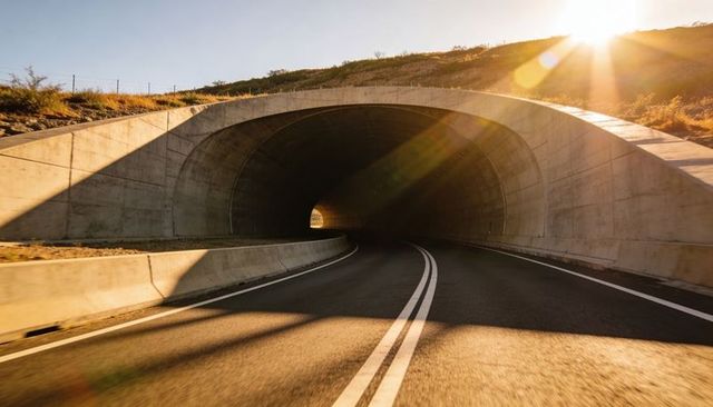 Driving into sunlit tunnel on curving two-lane highway with concrete archway and lens flare