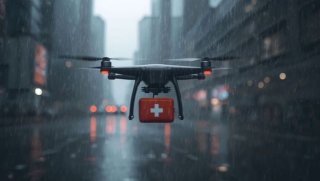 Emergency medical drone delivering first aid kit over rainy urban street at night