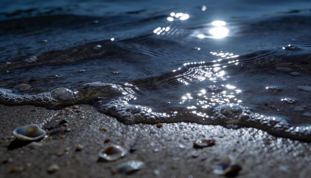 Sunlight glittering on gentle wave rolling onto shell-littered sand along calm coastline