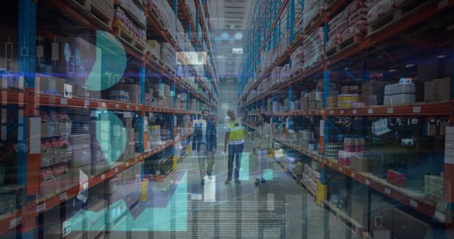 Image of financial data processing over men working in warehouse. global business, data processing, digital interface, technology and shipping concept digitally generated image.